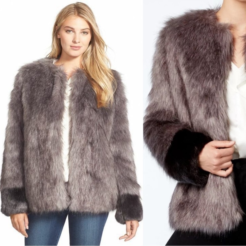 VERA WANG Scarlett Faux Fur Collarless Contrast Coat Jacket Size Medium